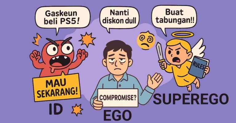 Ilustrasi kartun id, ego, dan superego dalam bentuk tiga karakter unik